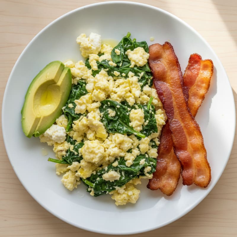 Cottage Cheese Egg Scramble with Spinach and Turkey Bacon