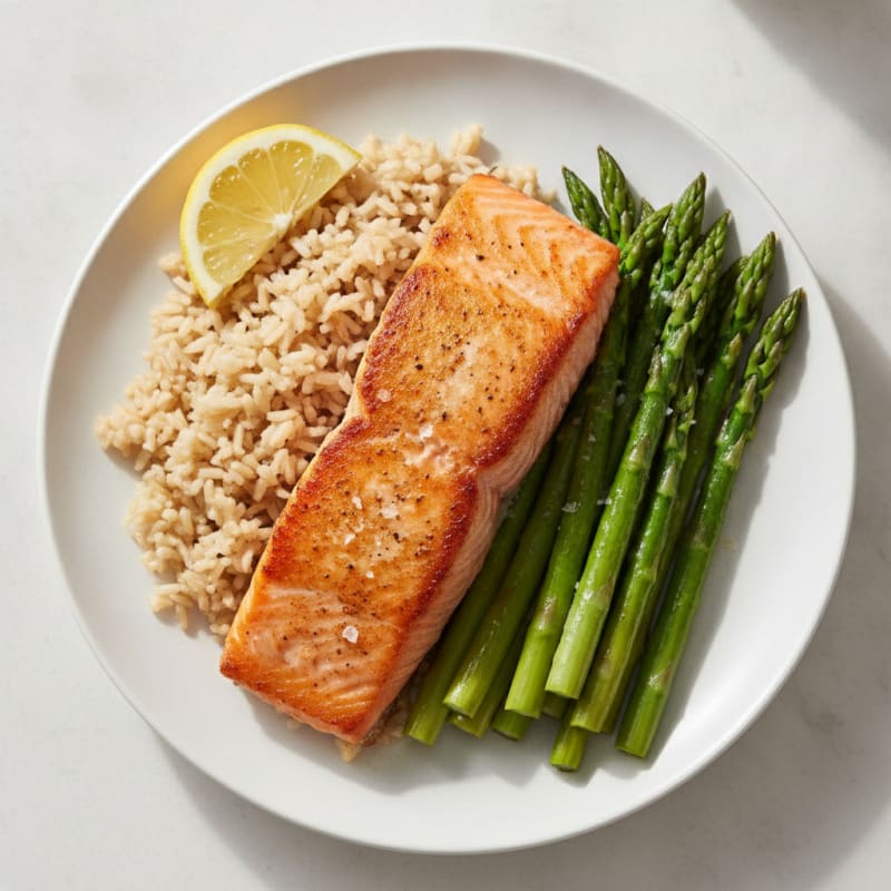 Seared Salmon with Steamed Asparagus and Brown Rice