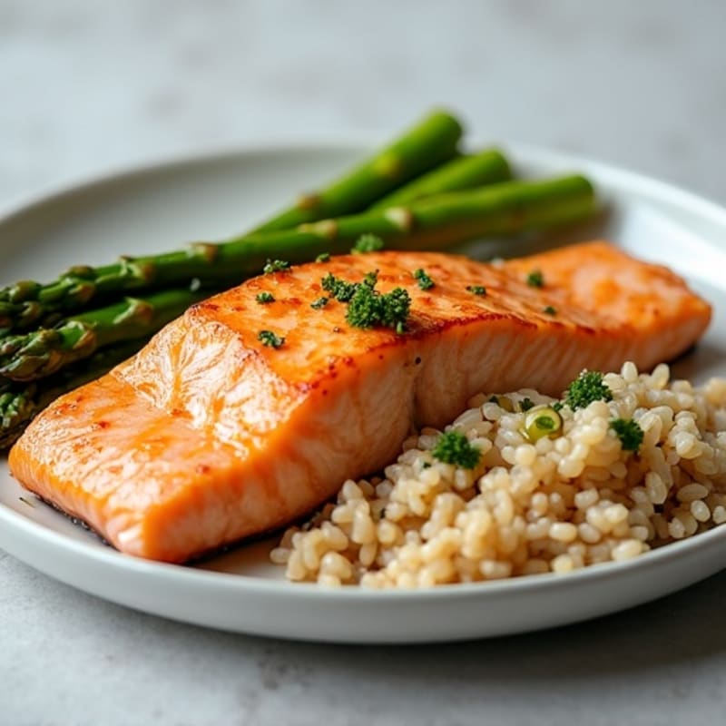 Seared Salmon Fillet with Steamed Asparagus and Brown Rice