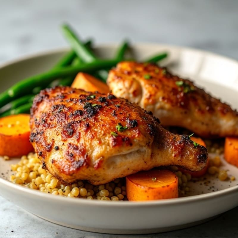 Crispy Baked Chicken Thighs with Roasted Sweet Potatoes and Green Beans