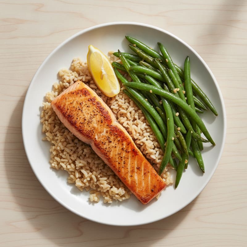Seared Salmon with Garlic Green Beans and Brown Rice