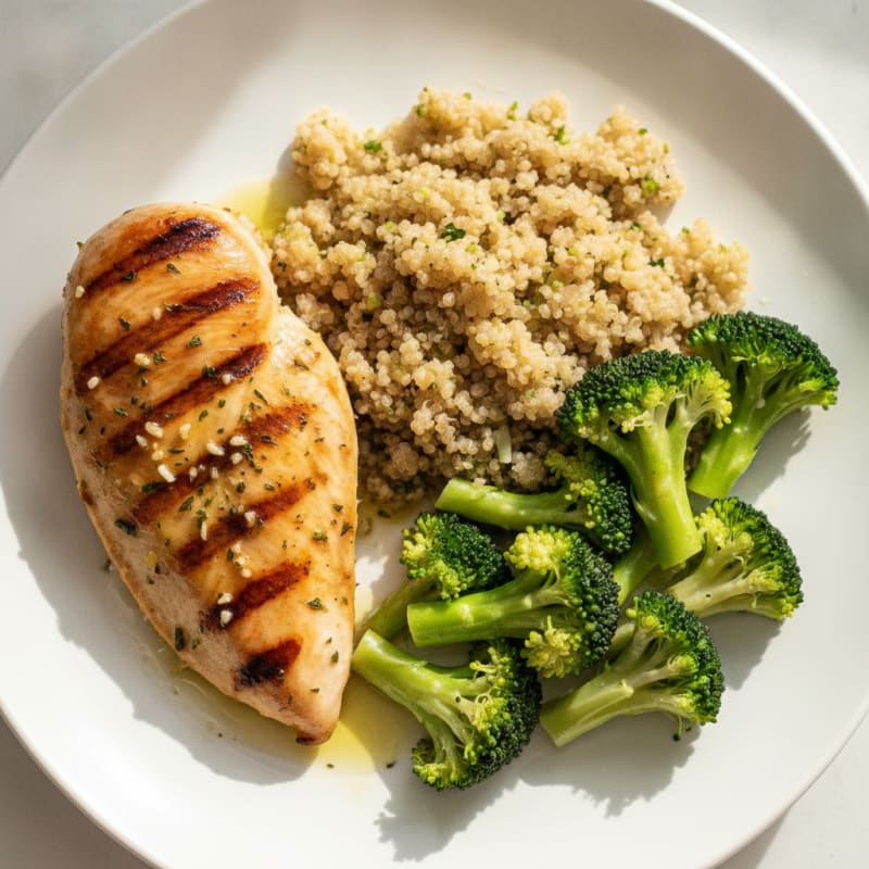 Grilled Chicken Breast with Steamed Broccoli and Quinoa