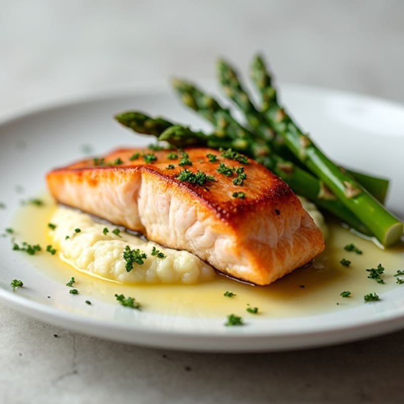 Seared Salmon with Steamed Asparagus and Garlic Cauliflower Mash