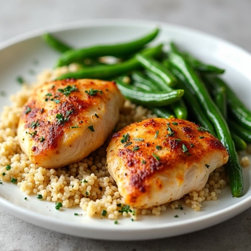 Roasted Chicken Thighs with Garlic Green Beans and Quinoa