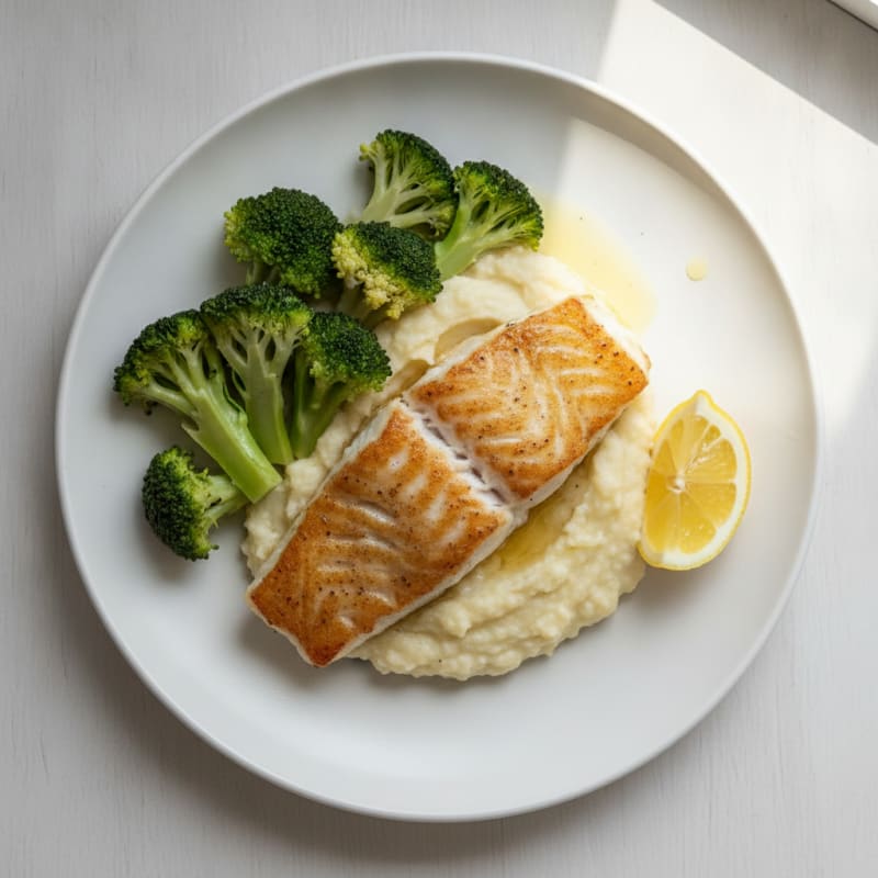 Seared Cod with Steamed Broccoli and Cauliflower Mash