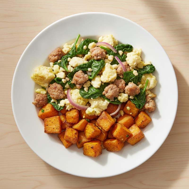 Egg White and Turkey Sausage Scramble with Spinach and Roasted Sweet Potatoes