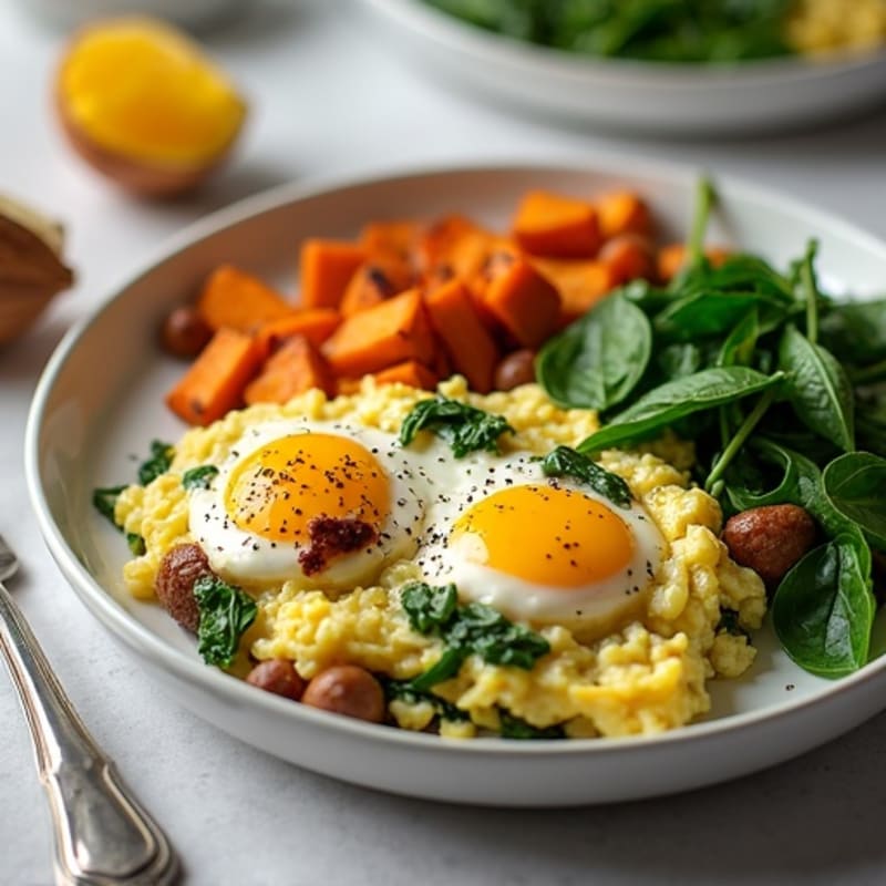 Egg White and Turkey Sausage Scramble with Spinach and Roasted Sweet Potatoes
