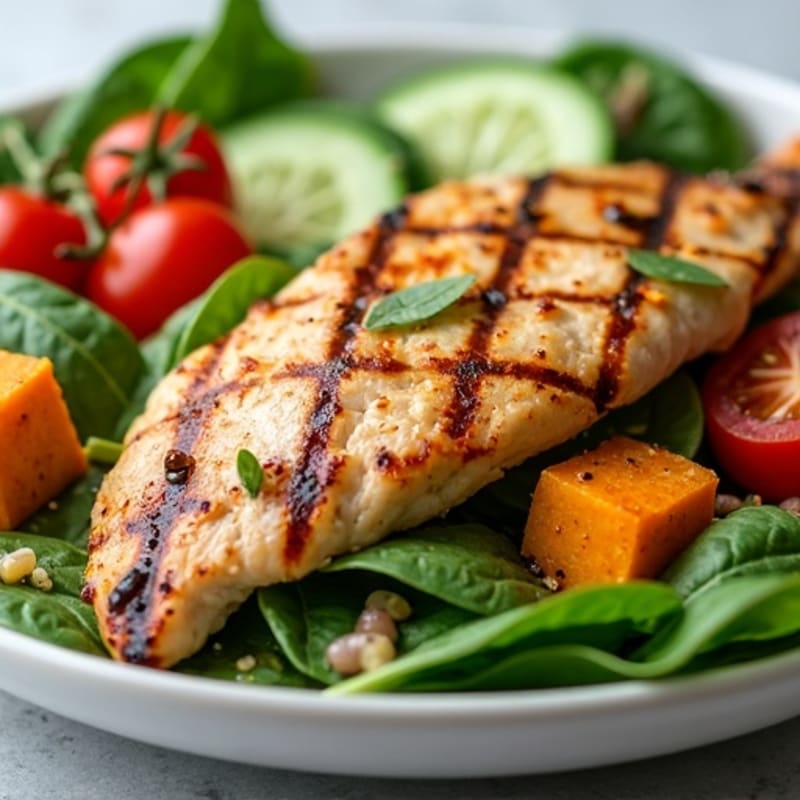 Grilled Chicken Spinach Salad with Roasted Sweet Potatoes