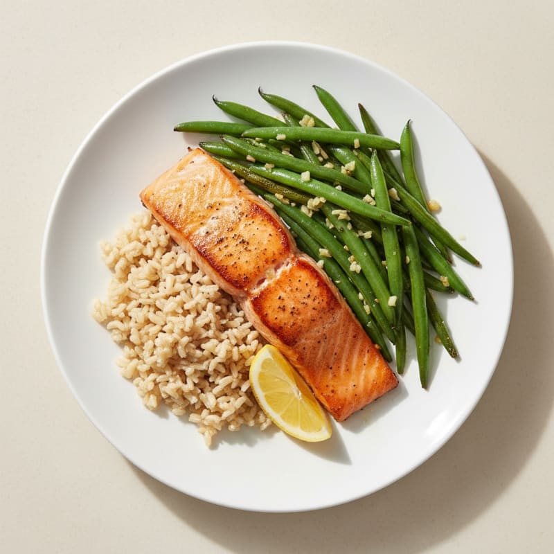 Seared Salmon Fillet with Garlic Green Beans and Brown Rice