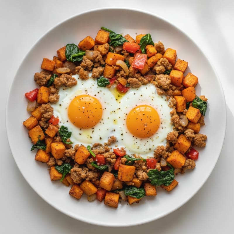 Baked Eggs with Roasted Sweet Potato Hash
