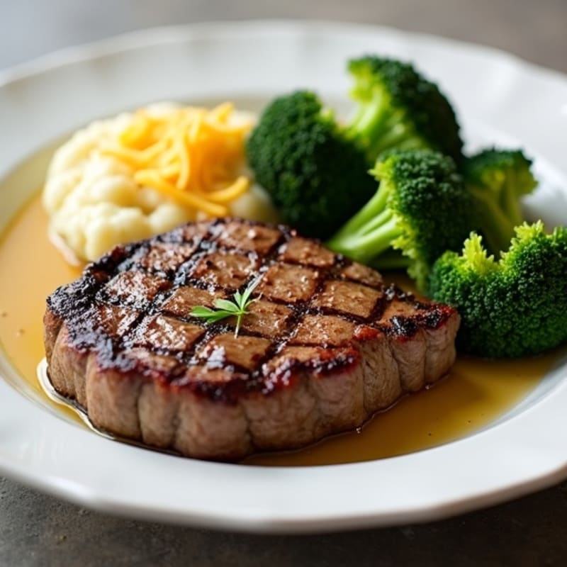 Seared Sirloin Steak with Cheesy Cauliflower Mash and Steamed Broccoli