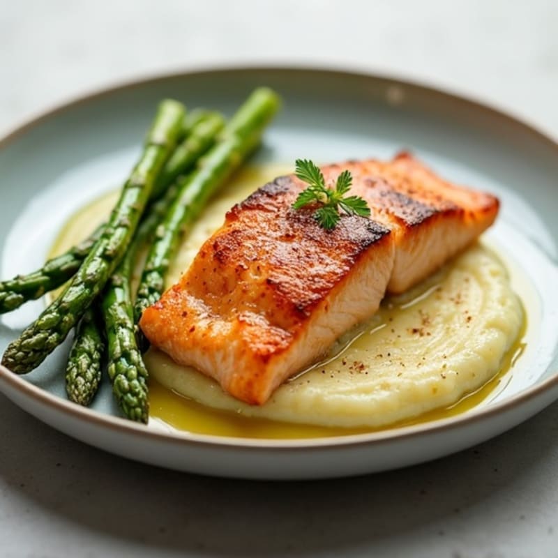 Seared Salmon with Steamed Asparagus and Cauliflower Mash