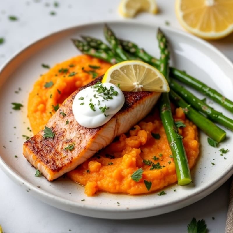 Seared Salmon with Roasted Asparagus and Sweet Potato Mash