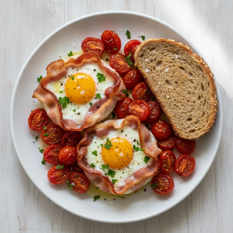 Baked Eggs with Bacon and Roasted Tomatoes