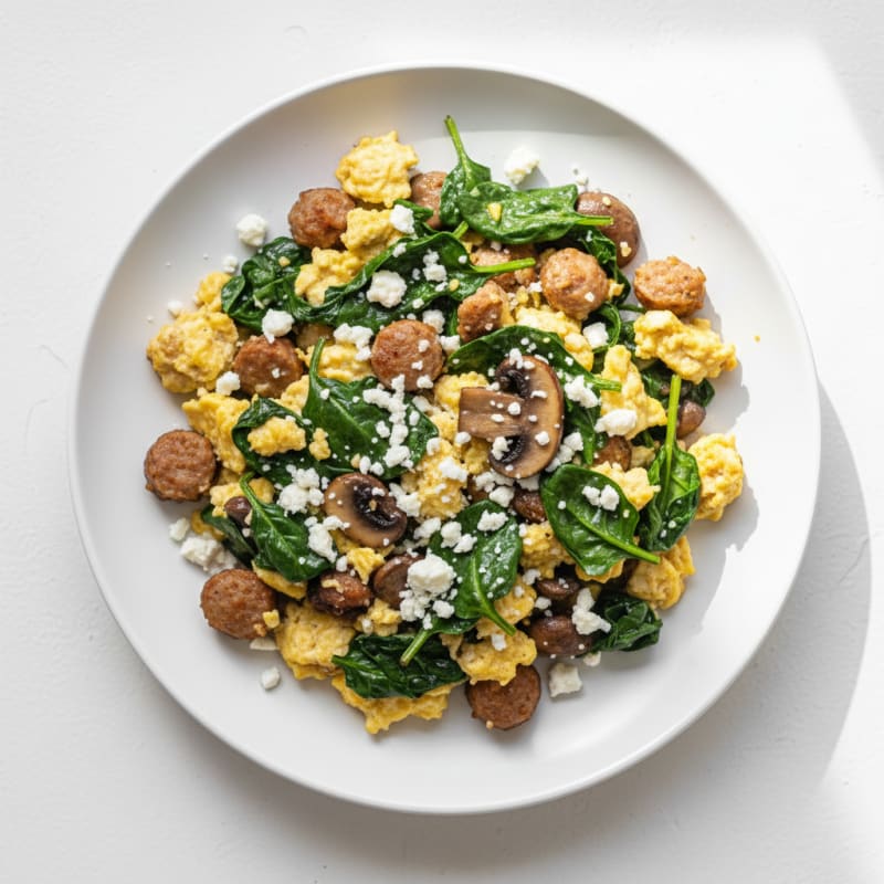 Egg White Spinach Scramble with Turkey Sausage and Sautéed Mushrooms