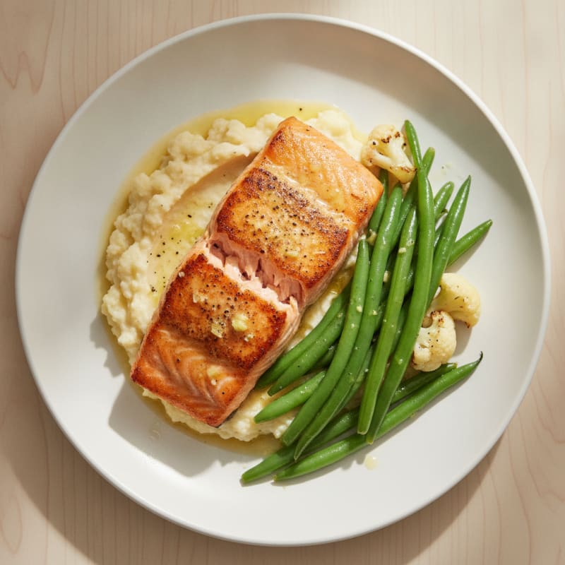 Seared Salmon Filet with Steamed Green Beans and Cauliflower Mash