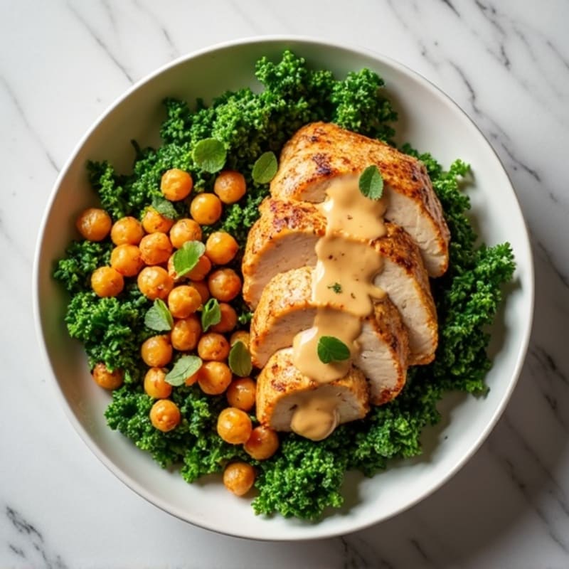 Massaged Kale Salad with Roasted Chicken, Crispy Chickpeas, and Creamy Lemon-Tahini Dressing