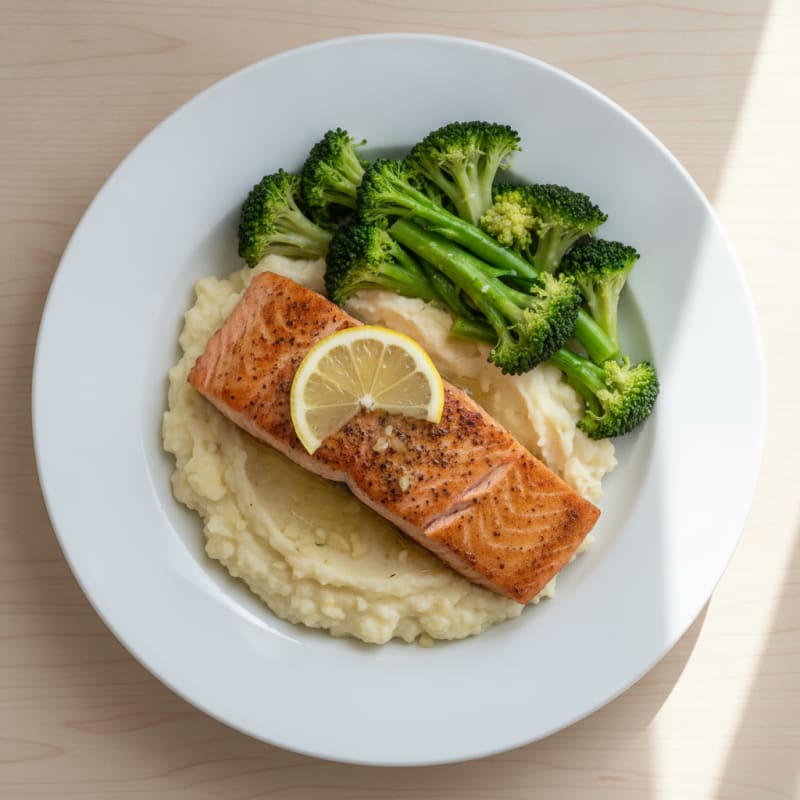 Seared Salmon with Silky Garlic Mashed Cauliflower and Steamed Broccoli