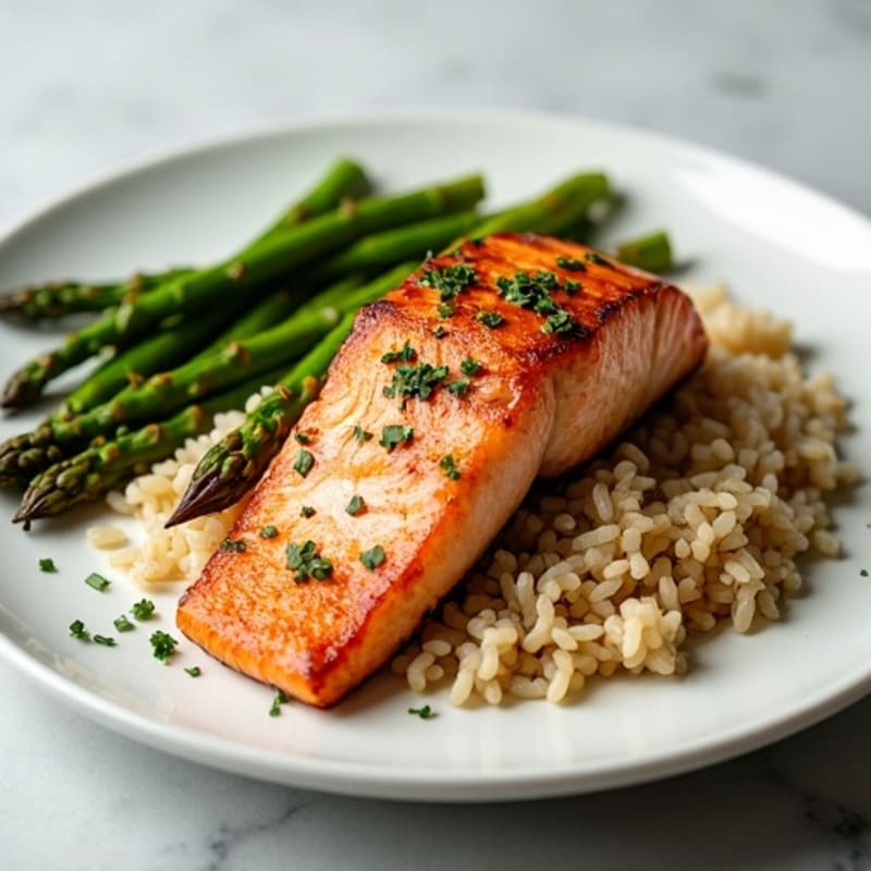 Seared Salmon with Steamed Asparagus and Brown Rice