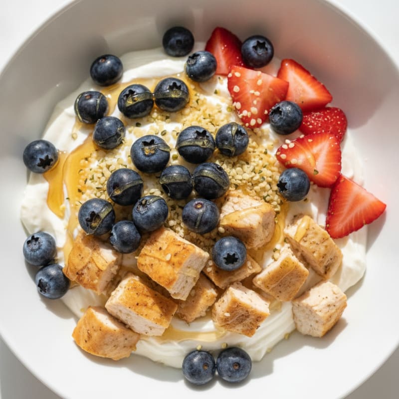 Creamy Greek Yogurt Protein Bowl with Chopped Chicken and Berries