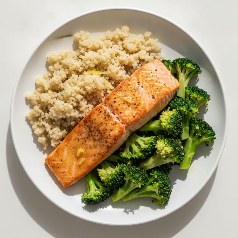 Seared Salmon with Steamed Broccoli and Quinoa
