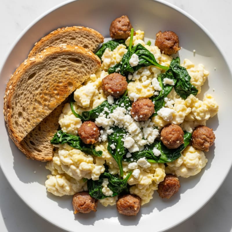 Egg White and Turkey Sausage Scramble with Spinach and Feta
