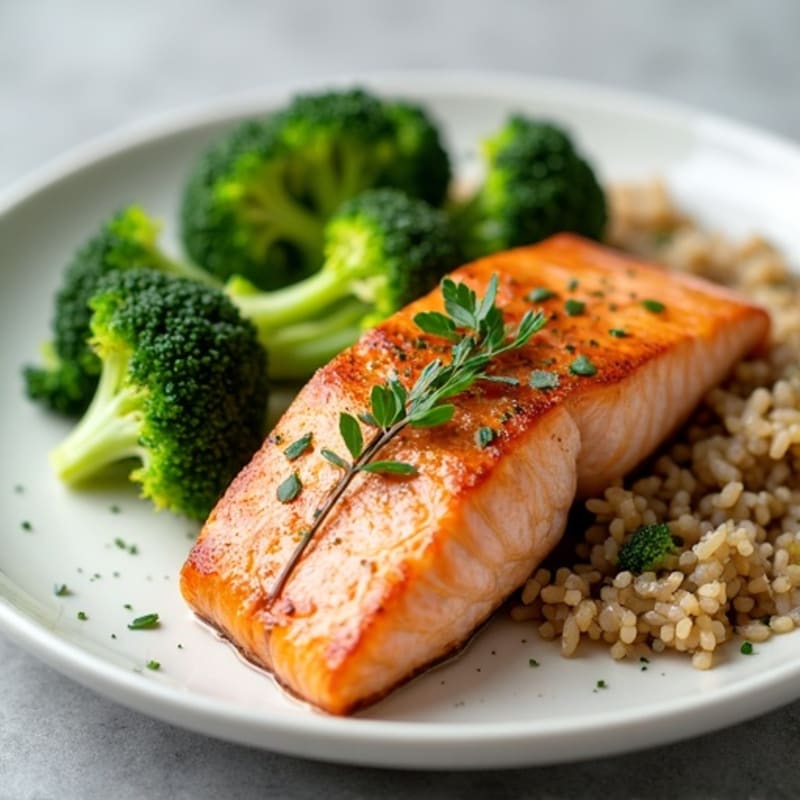 Seared Salmon with Steamed Broccoli and Herb Brown Rice