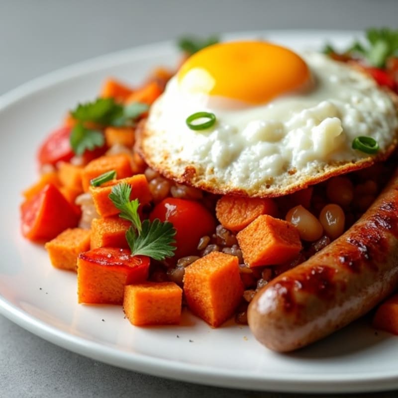 Crispy Sweet Potato Hash with Sunny-Side Up Eggs and Lean Turkey Sausage
