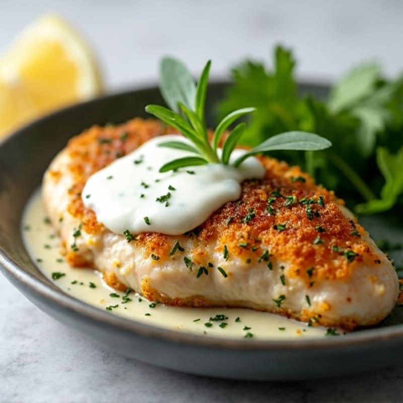 Herb-Crusted Pan Seared Chicken with Garlic Sauce