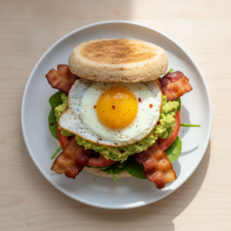 Crispy Turkey Bacon and Egg Breakfast Sandwich with Smashed Avocado