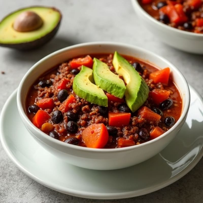Hearty Cocoa-Spiced Beef and Black Bean Chili with Creamy Avocado
