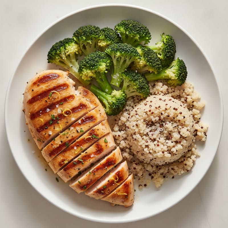 Grilled Chicken Breast with Steamed Broccoli and Quinoa