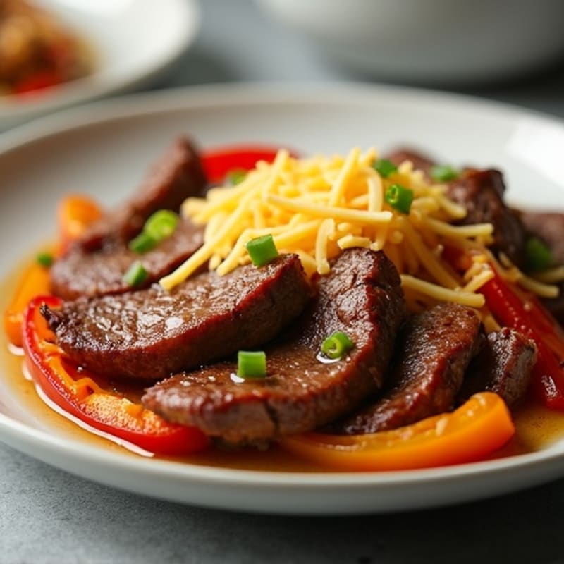 Tender Beef Skillet with Sautéed Peppers, Onions, and Creamy Cheese