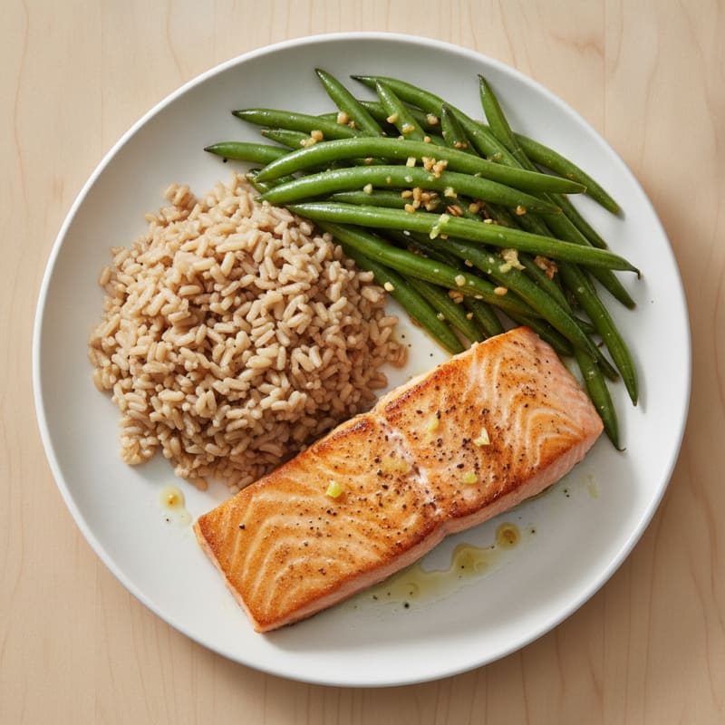 Seared Salmon with Garlic Green Beans and Brown Rice