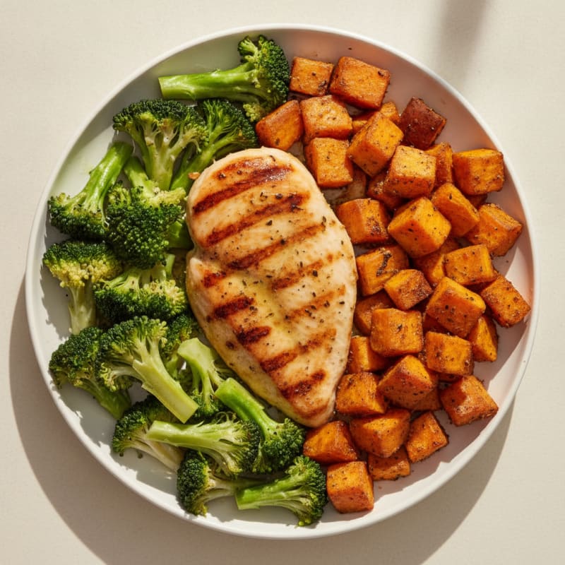 Grilled Chicken Breast with Roasted Sweet Potato and Steamed Broccoli