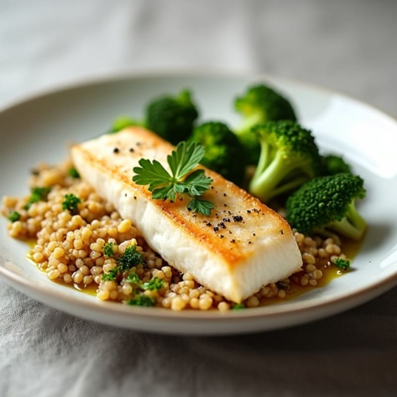 Seared Cod with Steamed Broccoli and Herbed Quinoa