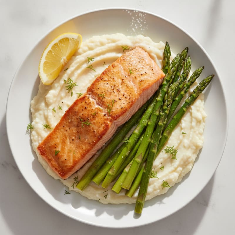 Seared Salmon with Roasted Asparagus and Cauliflower Mash