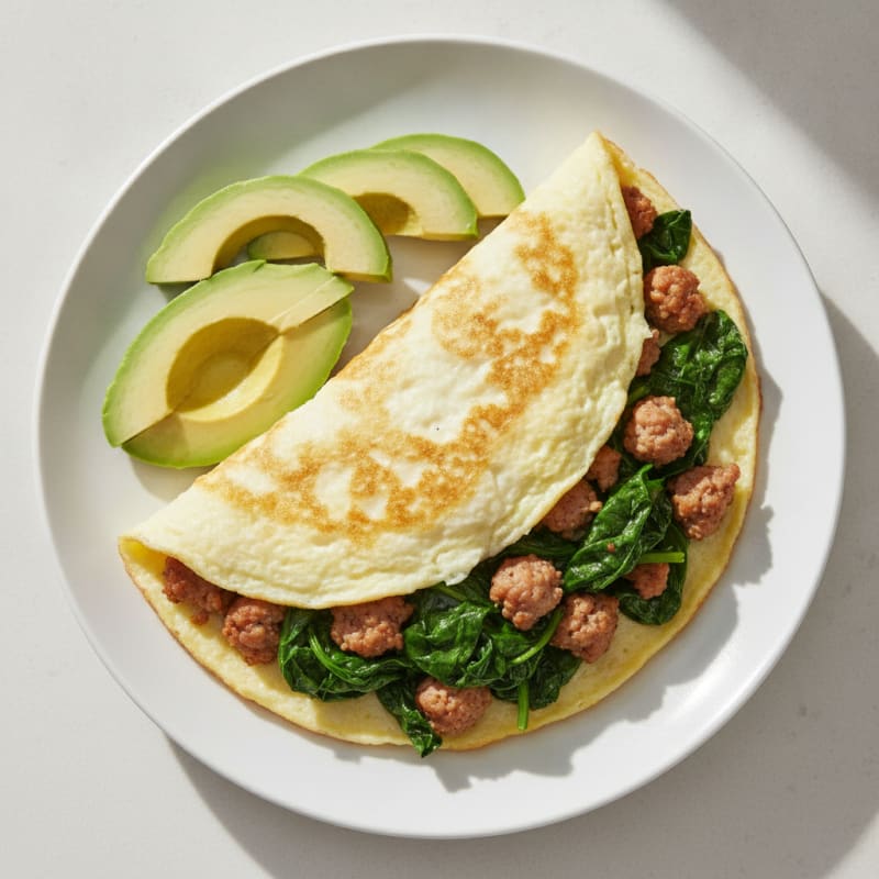 Egg White Omelette with Turkey Sausage and Sautéed Spinach