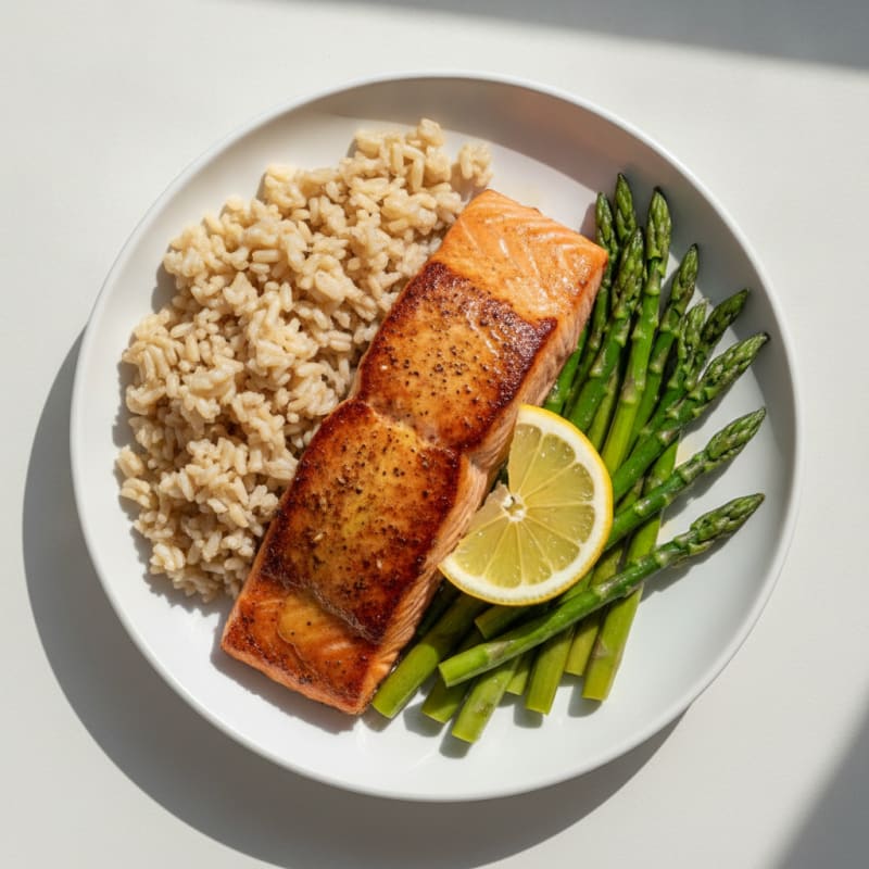 Seared Salmon with Steamed Asparagus and Brown Rice