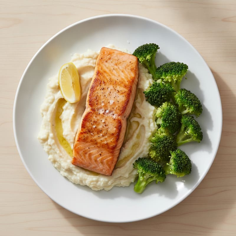 Seared Salmon with Steamed Broccoli and Garlic Cauliflower Mash