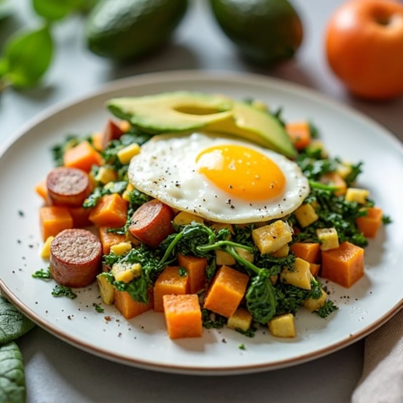 Egg White Spinach Scramble with Turkey Sausage and Roasted Sweet Potatoes