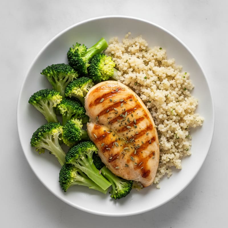 Grilled Lemon Herb Chicken Breast with Quinoa and Steamed Broccoli