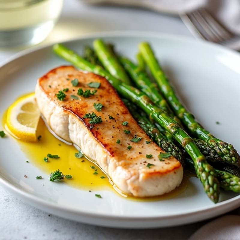 Flaky Pan-Seared Tuna with Lemon-Herb Roasted Asparagus