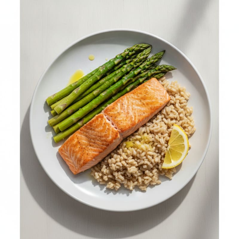 Seared Salmon with Steamed Asparagus and Brown Rice