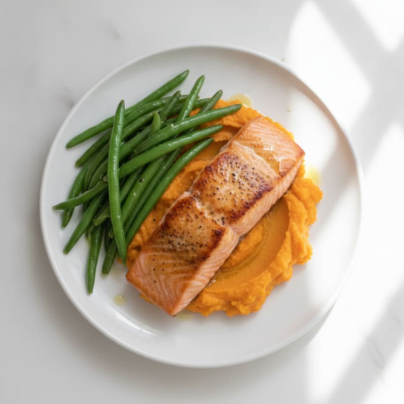 Seared Salmon with Steamed Green Beans and Sweet Potato Mash