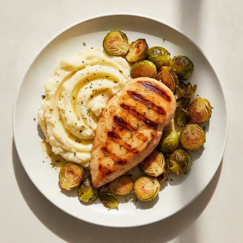 Grilled Chicken with Garlic Mashed Potatoes and Roasted Brussels Sprouts