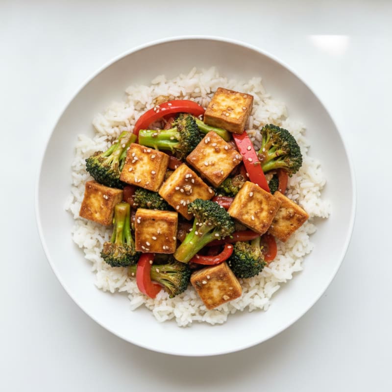 Crispy Tofu and Vegetable Stir-Fry with Steamed Rice