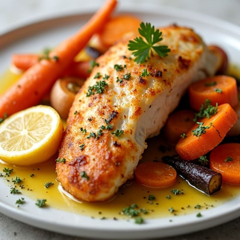 Crispy Lemon Garlic Chicken with Roasted Root Vegetables