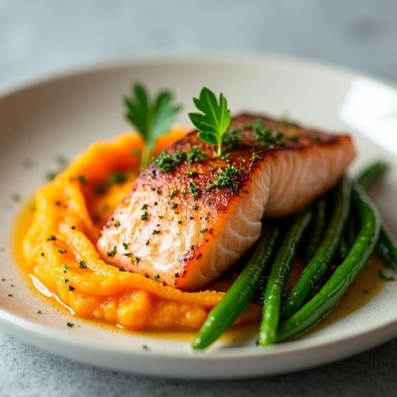 Seared Salmon with Garlic Green Beans and Sweet Potato Mash