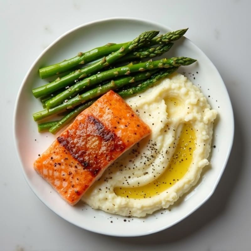 Seared Salmon with Steamed Asparagus and Garlic Cauliflower Mash